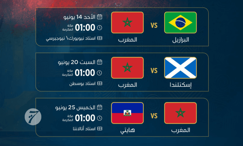 مواعيد مباريات المنتخب المغربي في كأس العالم 2026